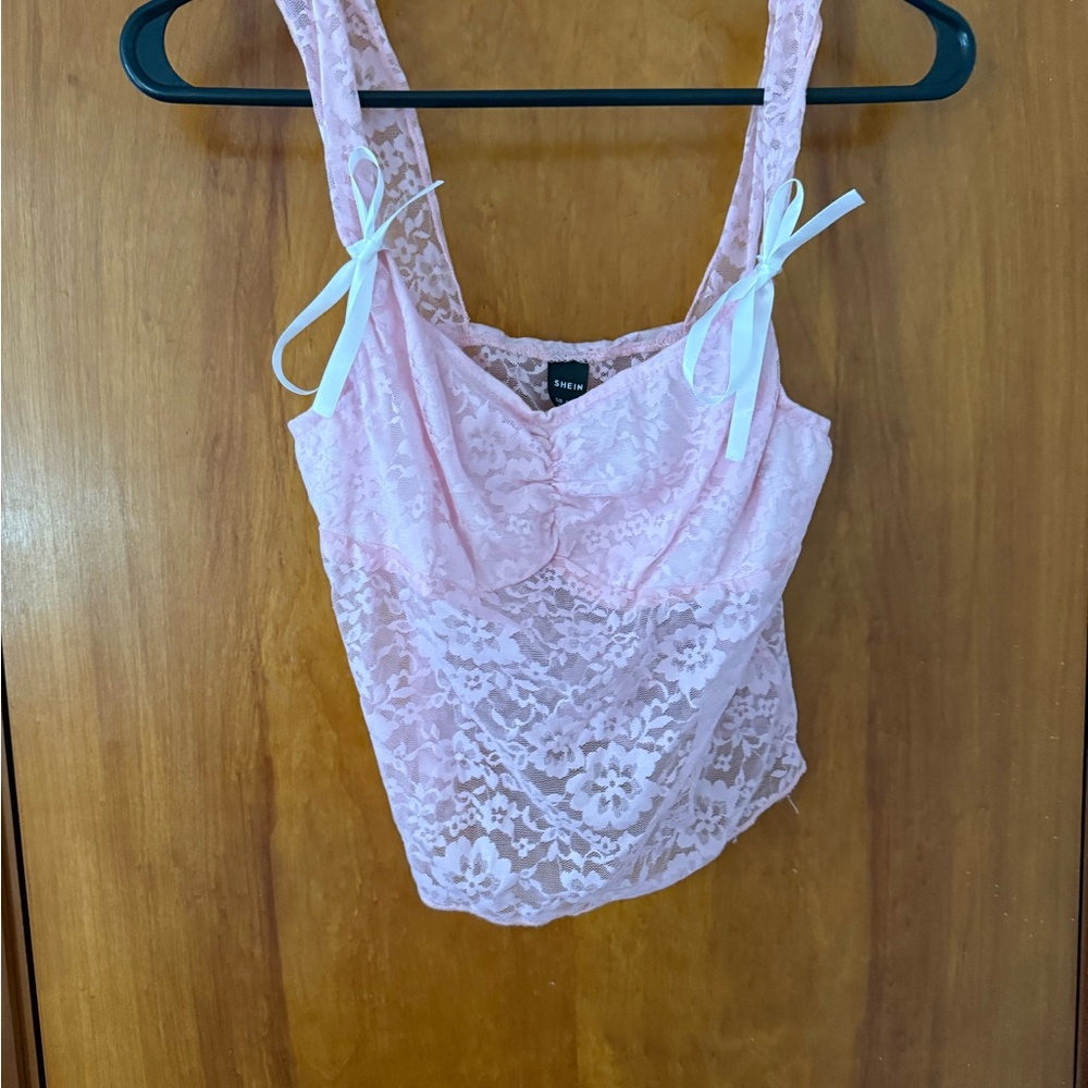 SHEIN Pink Lace Crop Top with White Bow Accents